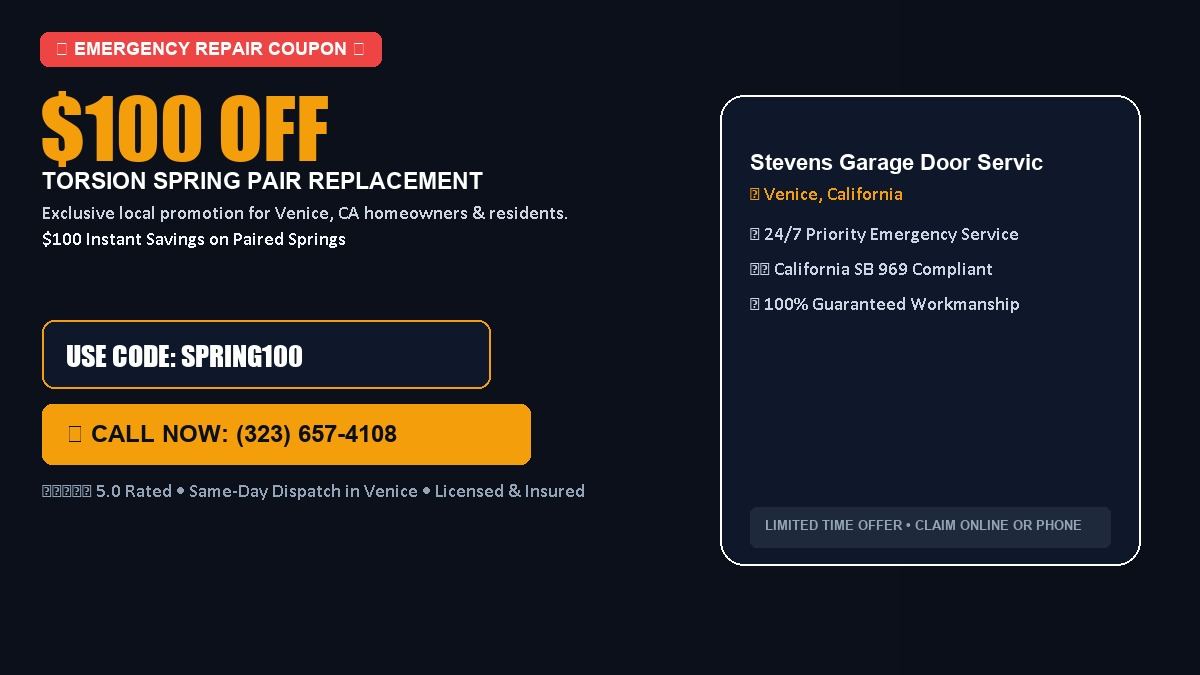 Stevens Garage Door Services $100 OFF Dual Torsion Spring Replacement in Venice, CA